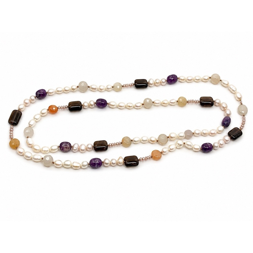 Pearl Amethyst Carnelian Mixed Gemstones Strand Necklace 27" Beautiful